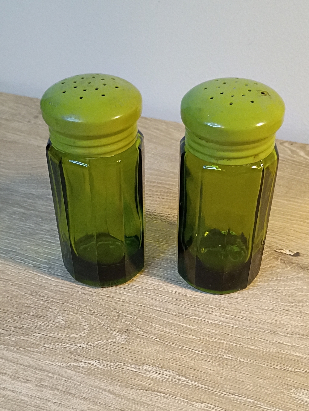 Vintage Takahashi Avocado Green Glass Salt Pepper Shakers MCM